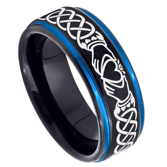 Jewelry Avalanche Men's Celtic Claddagh Wedding Band - 8mm Black Tungsten Ring with Blue Stepped Edges size 12.5