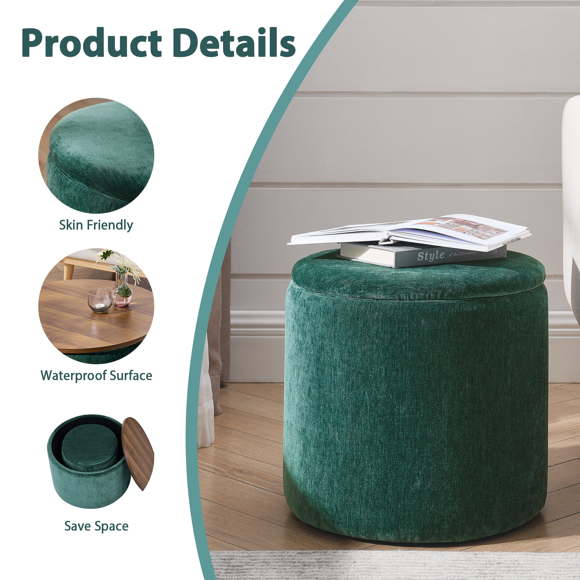 Aukfa 2-Piece Round Storage Ottoman Set,Chenille Coffee Table Footstool & Vanity Stool for Living Room/Bedroom/Entryway,Retro Green
