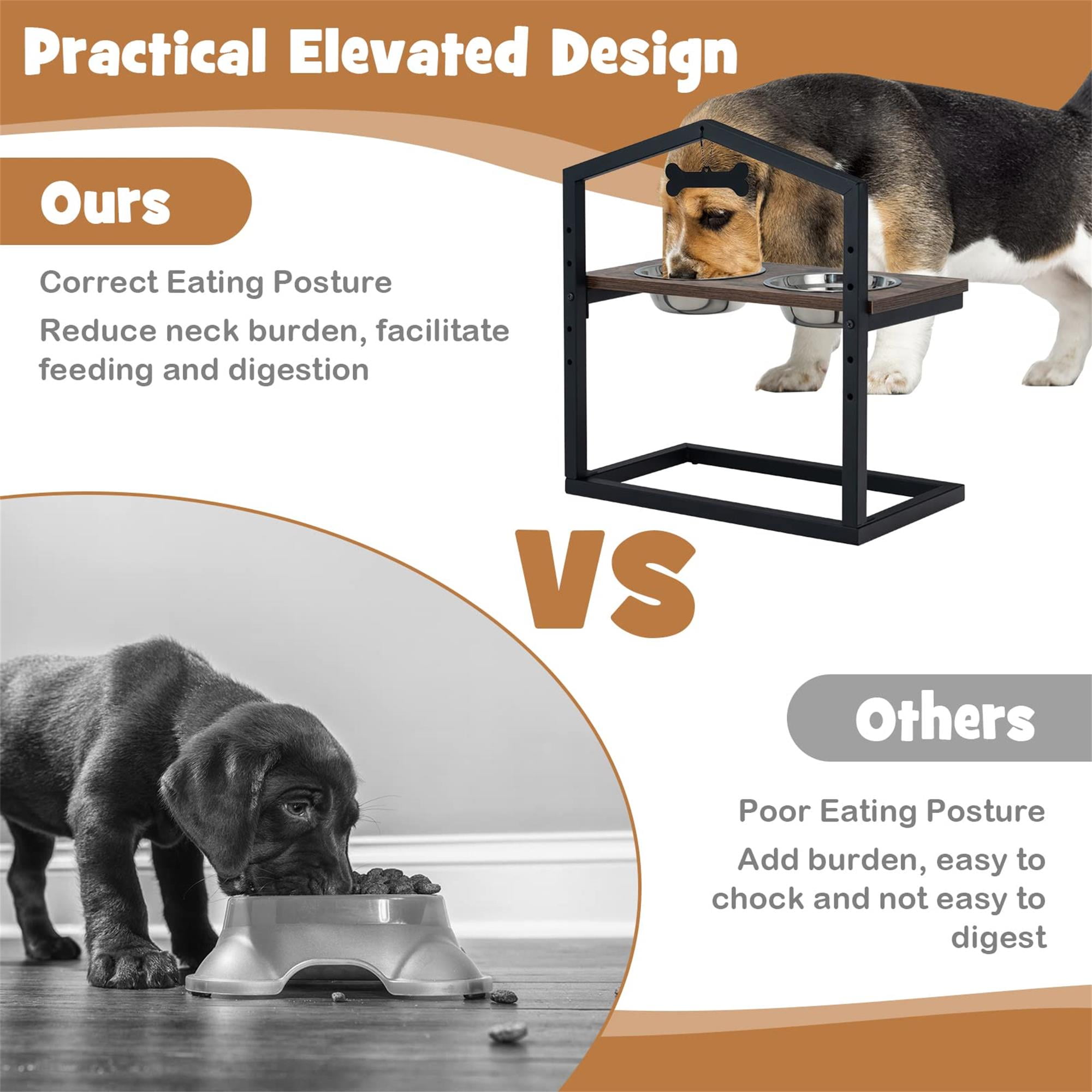 Kadyn 9"-17" Elevated Pet Feeder with 2 Stainless Steel Dog Bowl, Pet Food Bowls for Feeding Small Medium Dogs Cats Puppies, Brown