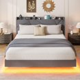 thumbnail image 2 of King Size Floating Bed Frame with LED Lights & Charging Station - Upholstered Platform Bed with Storage Headboard, Folding Shelves & Metal Slats, No Box Spring Needed, Grey, 2 of 8