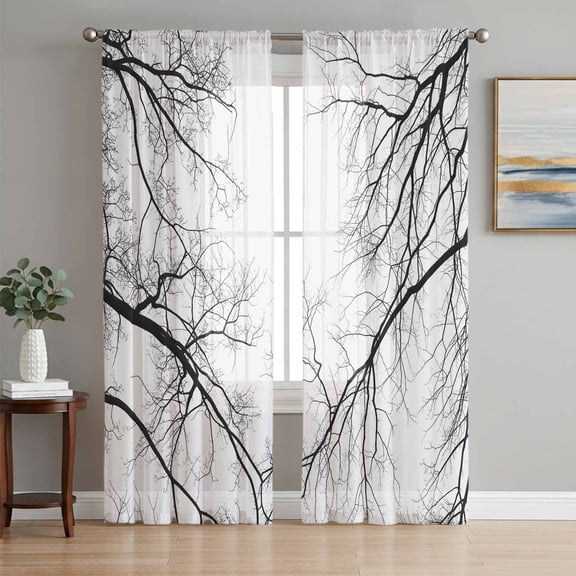 Black Grey Branches Sheer Curtains 96 Inch Length 2 Panels Set, Modern Art Botanical Voile Window Treatment Semi Sheer Long Curtains Drapes for Bedroom/Living Room/Kitchen 52"x96"x2