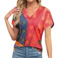 thumbnail image 1 of Women's Loose V-Neck Retro Print Short Sleeve Tops ,Watermelon Red-AW S, 1 of 6