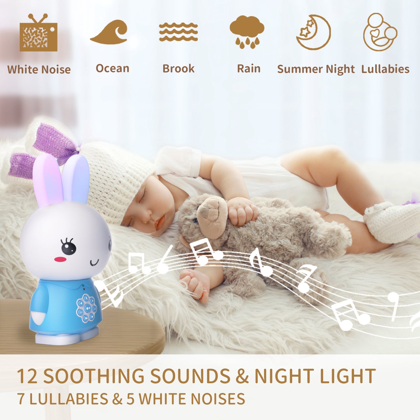 alilo Bunny Baby Audio Player - Toy w/ Chewable Teether Ears, Colorful Lights - Educational Sounds, Stories, Music, White Noise for 10+ Months Kids - Baby Gift for Learning - Blue