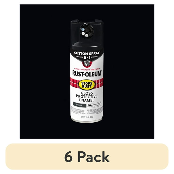 (6 pack) Ink Black, Rust-Oleum Stops Rust Custom Sprays 5 in 1 Gloss Spray Paint-380397, 12 oz