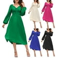 thumbnail image 3 of KelaJuan Women Casual Dress Elegant V Neck Long Sleeve Solid Color Party Dress Summer Elastic Waist Slim Fit Long Dress, 3 of 6