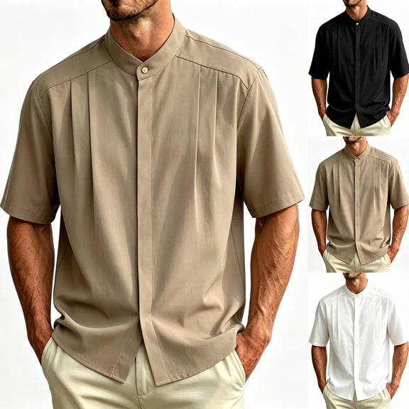 Stamzod Mens Summer Shirts 2026 Stand Collar Short Sleeve Dress Shirt Casual Work Wedding Button Up Shirt White XXXL