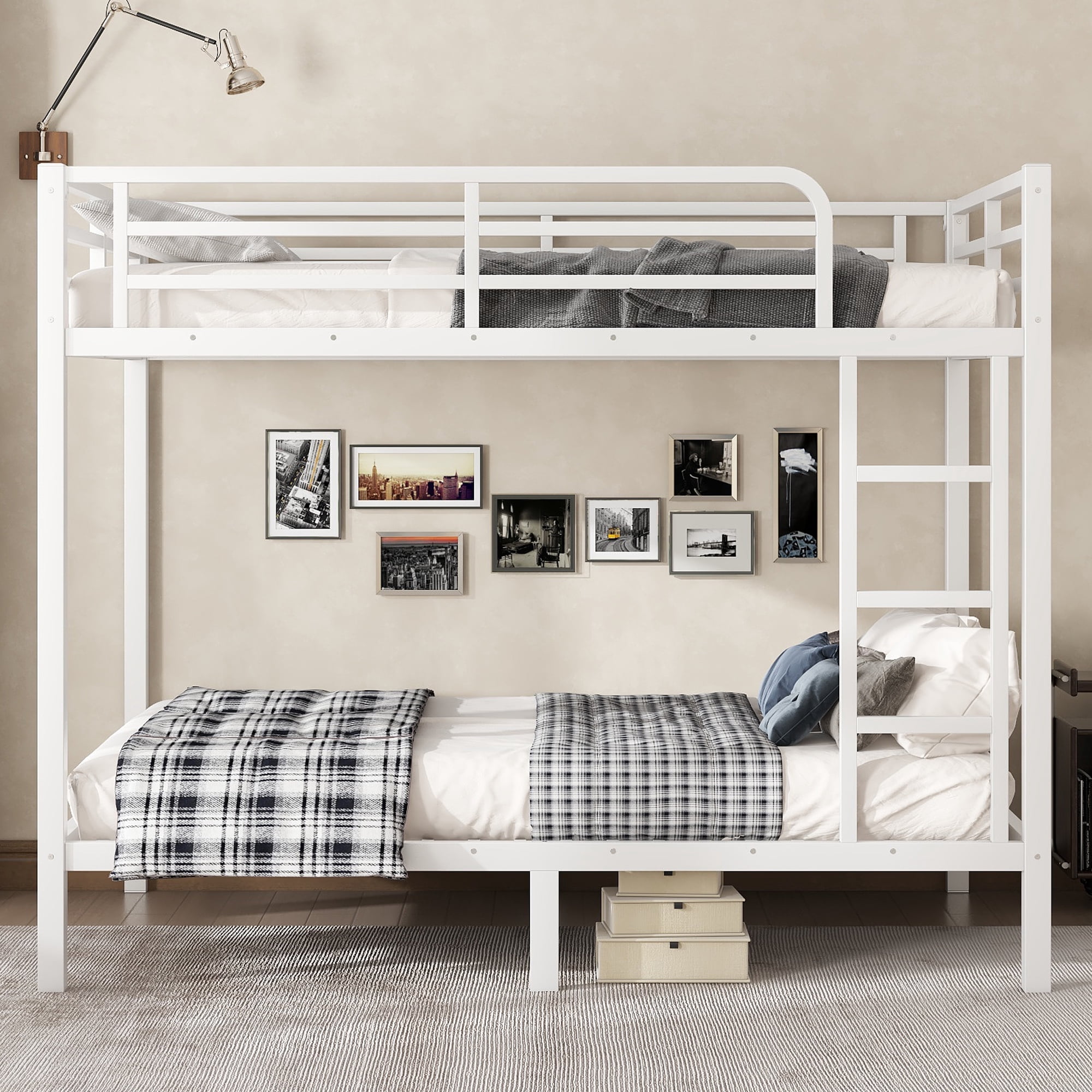 Aukfa Heavy Duty Full over Full Metal Bunk Bed for Kids, Teens and Adults, Space-Saving, White