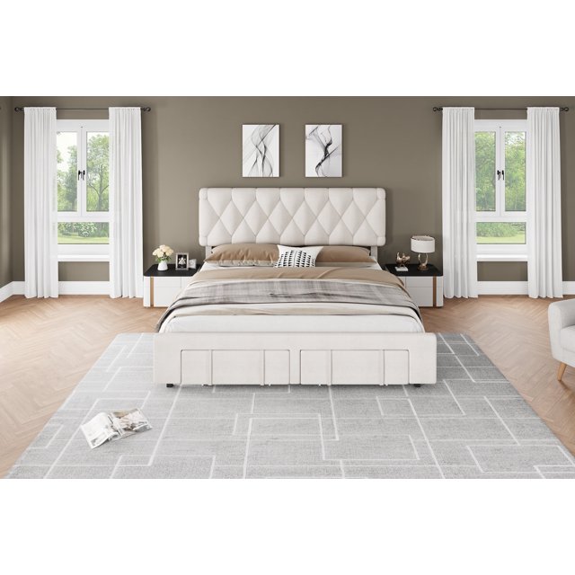Garvee Queen Size Upholstered Bed Frame with Diamond Tufted Headboard, Storage Drawer, Wooden Slats, No Box Spring Needed, Noise-Free, Beige