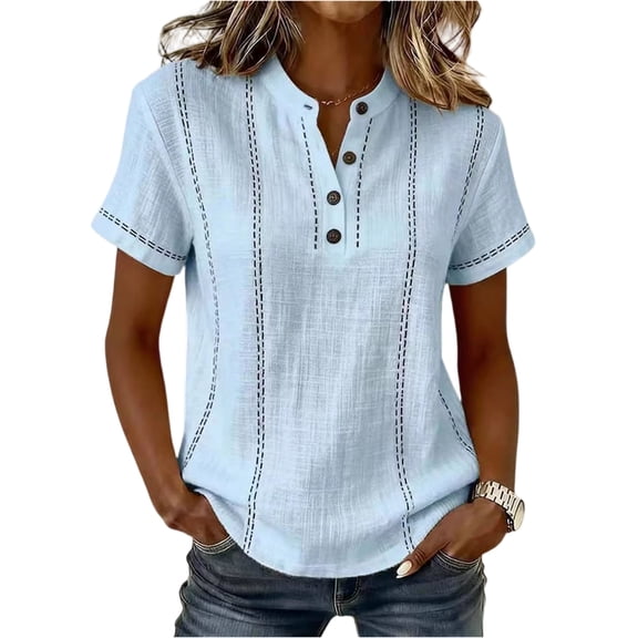 Henley Shirts for Women Cotton linen Short Sleeve Stitched Dressy Casual Summer Boho Button Tops Loose Fit Tunic Top Work Blouses,L