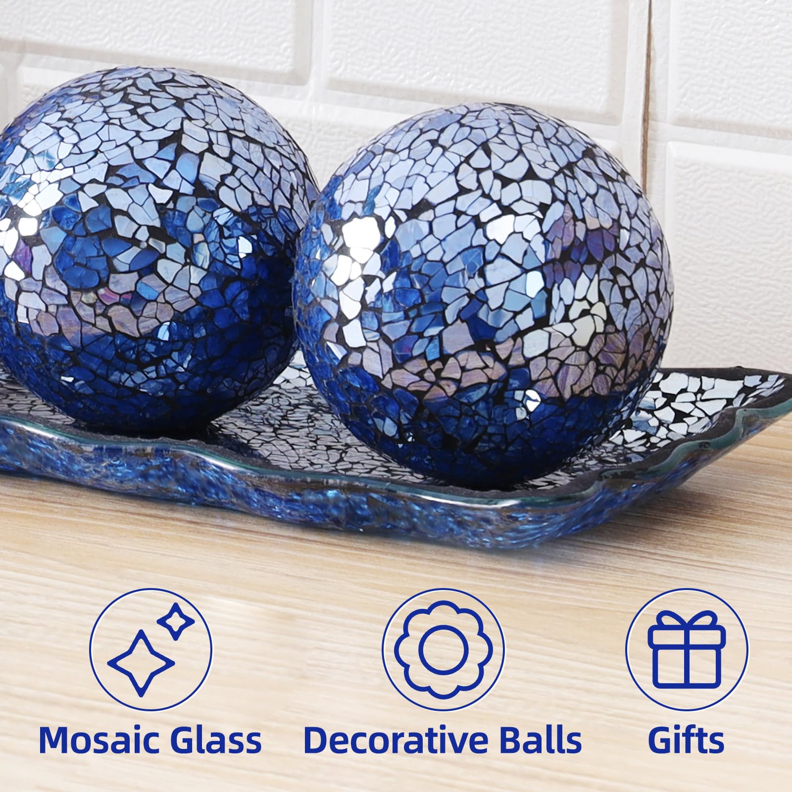 VORREN 3pcs Mosaic Decorative Balls with Tray, Glass Orbs with Plate, 12.9" Mosaic Glass Tray, 3" Centerpiece Sphere Balls for Dining Table Coffee Table Home Decor Wedding Party Decor, Gift Blue C21