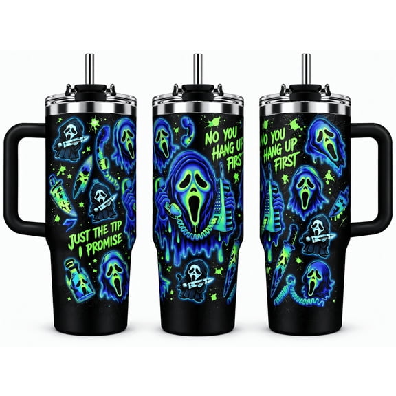 Ghostface Scream 40oz Tumbler With Handle, Blue Green Neon Horror Travel Cup With Straw