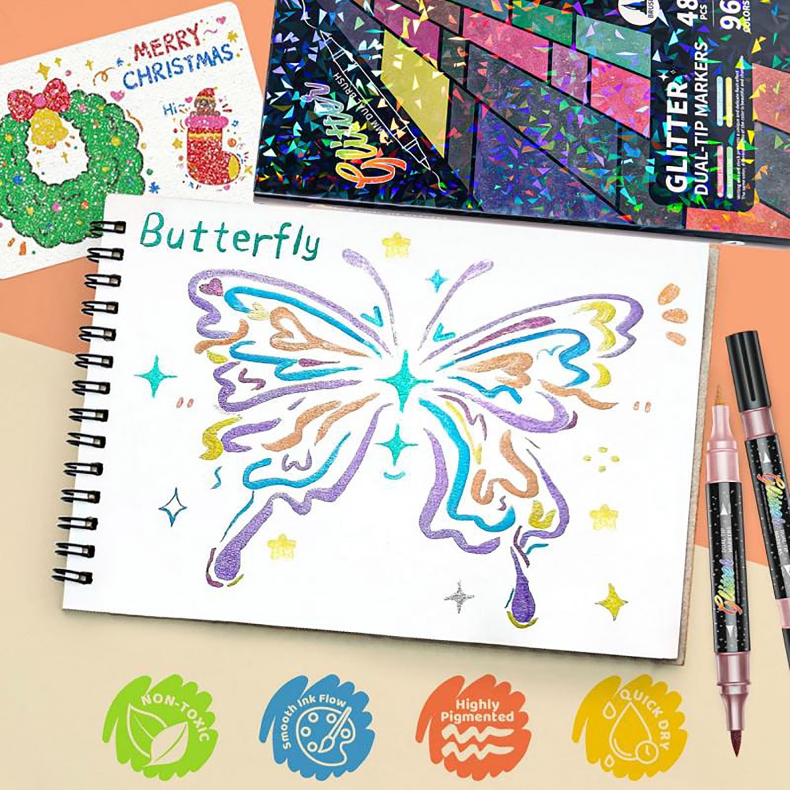 96 Colors Glitter Effect Brush Markers Pens, Glitter Markers Pens Dual Tip, Glitter Brush Markers Glitter Paint Pens, for Cards DIY Crafts