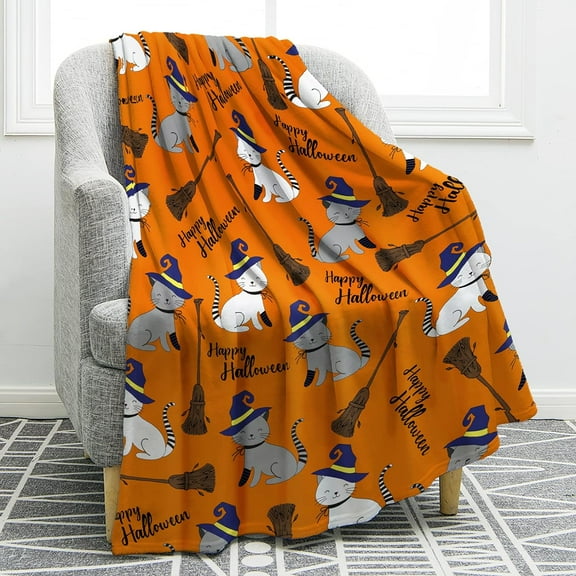 Spooky Cat Blanket Gifts for Women Kids Girls Home Bedroom Living Room Decor Soft Cozy Lightweight All Saints'' Day Halloween Throw Blankets Orange 60"x80"