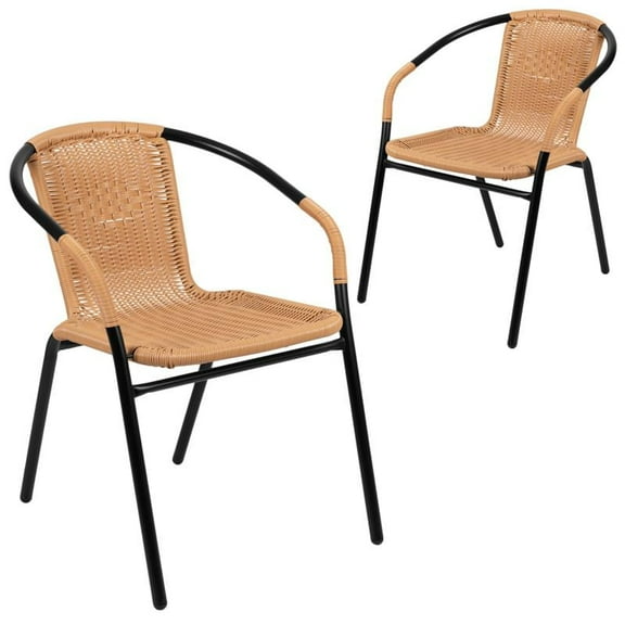 2 PACK Outdoor Patio Stackable Restaurant Dining Chair with Beige Rattan Back/Seat and Black Steel Frame