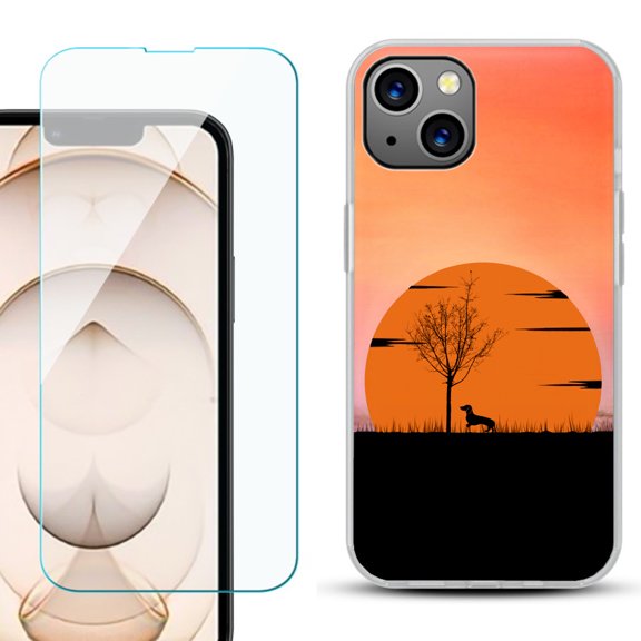 Slim-Fit Flexible TPU Gel Phone Case for iPhone 13, with Tempered Glass Screen Protector, by OneToughShield ® - Sunset Dachshund
