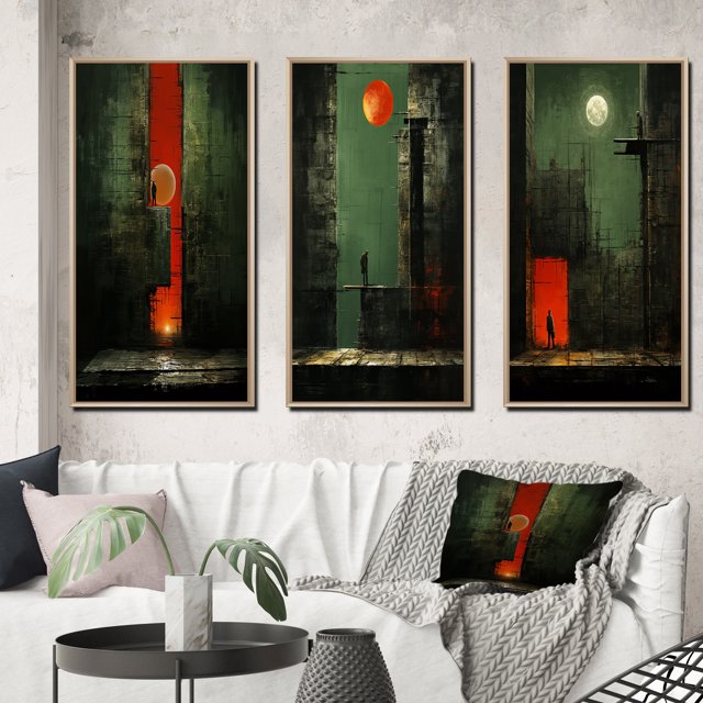 Designart "Urban Solitude under the Full Moon III" Modern Geometric Framed Wall Art Set Of 3 - Green Abstract Geometric Frame Canvas Set For Living Room Decor