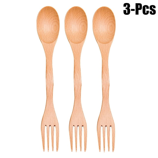 3PCS Kid's Fork Spoon Practical 2 in 1 Wooden Fork Soup Spoon Kitchen Flatware for Kids