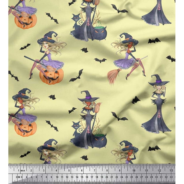 Soimoi Poly Georgette Fabric Magic Potion,Bat & Witch Halloween Print Fabric by The Yard 42 Inch Wide