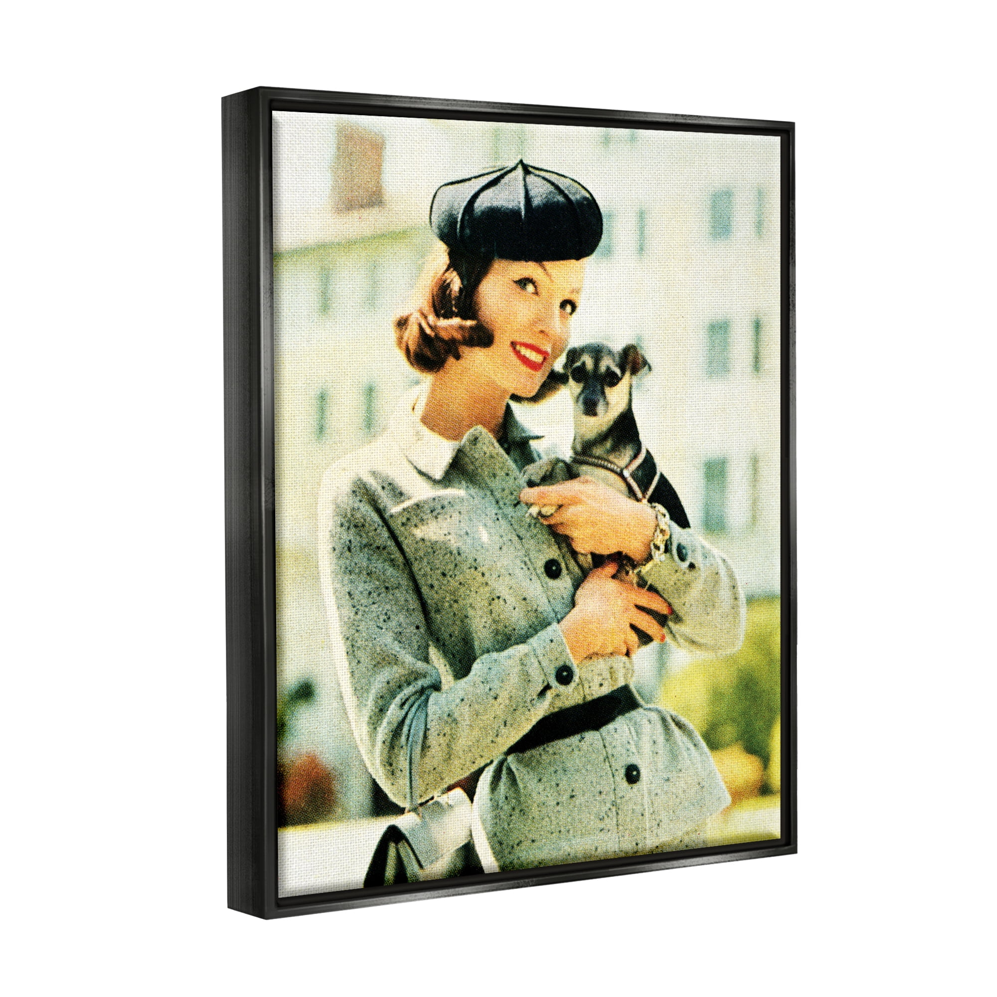 Stupell Industries Vintage Woman & Dog Portrait Beauty & Fashion Photography Black Floater Framed Art Print Wall Art