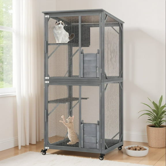 Demi Bonn 72" Outdoor Cat House Catio Cat Enclosures on Wheels Kitty House with Resting Box,Waterproof Asphalt Roof, Gray