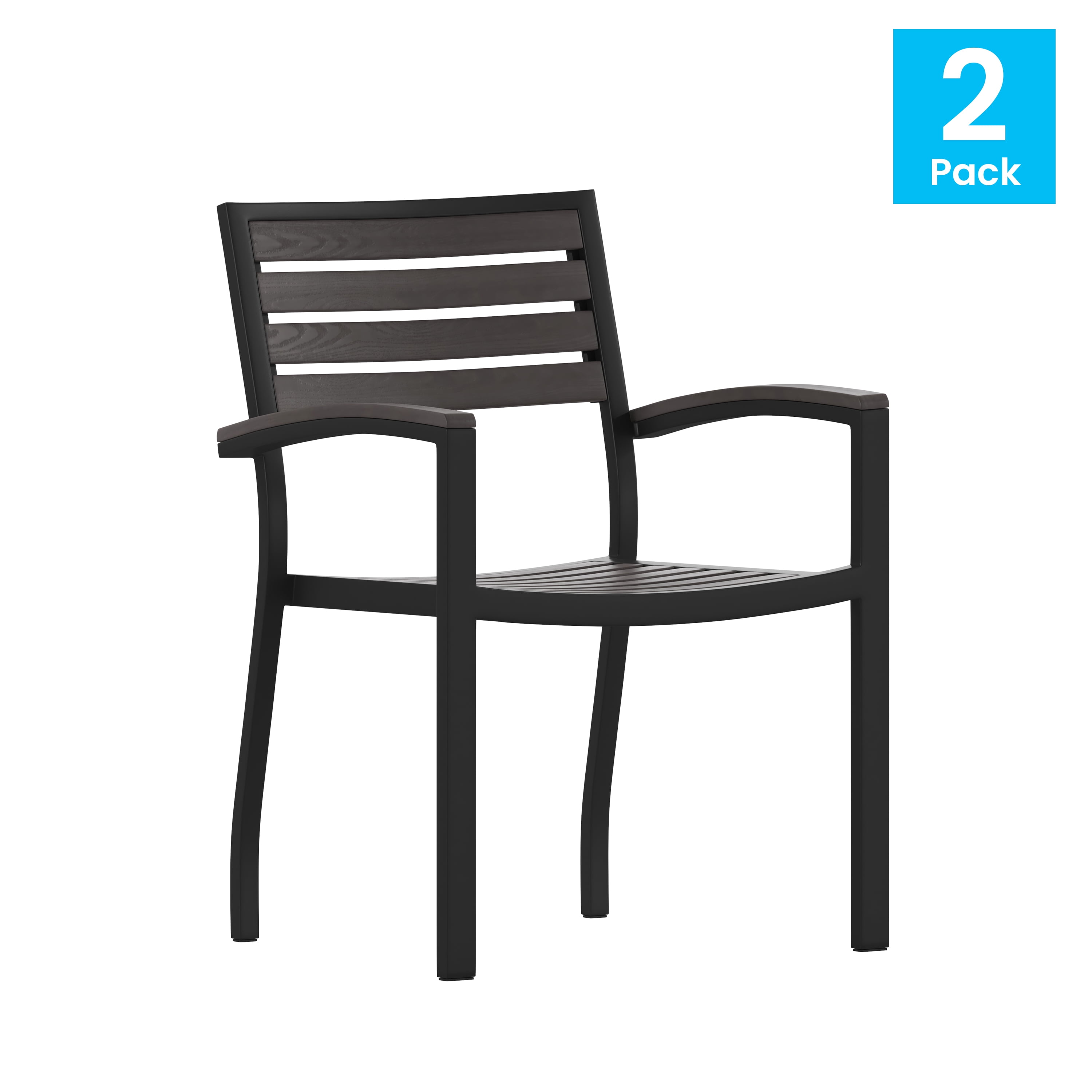 BizChair Set of 2 Outdoor Stackable Faux Teak Side Chairs - Commercial Grade Black Aluminum Patio Chairs with Synthetic Gray Wash Faux Teak Slats
