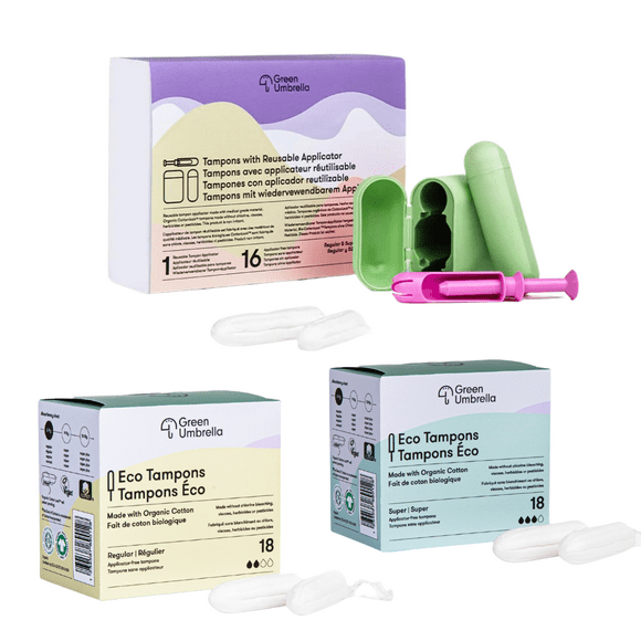 Reusable Tampon Applicator Kit with Extra Organic Cotton Tampon Refills by Green Umbrella - Fits Sizes Regular & Super Tampons