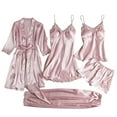 thumbnail image 2 of BLTIBY Womens Pajama Sets 5PCS Satin Silk Sleepwear Lace Trim Robe Set with Cami Shorts Pants Dress Soft Loungwear PJ Outfits Pink S, 2 of 3