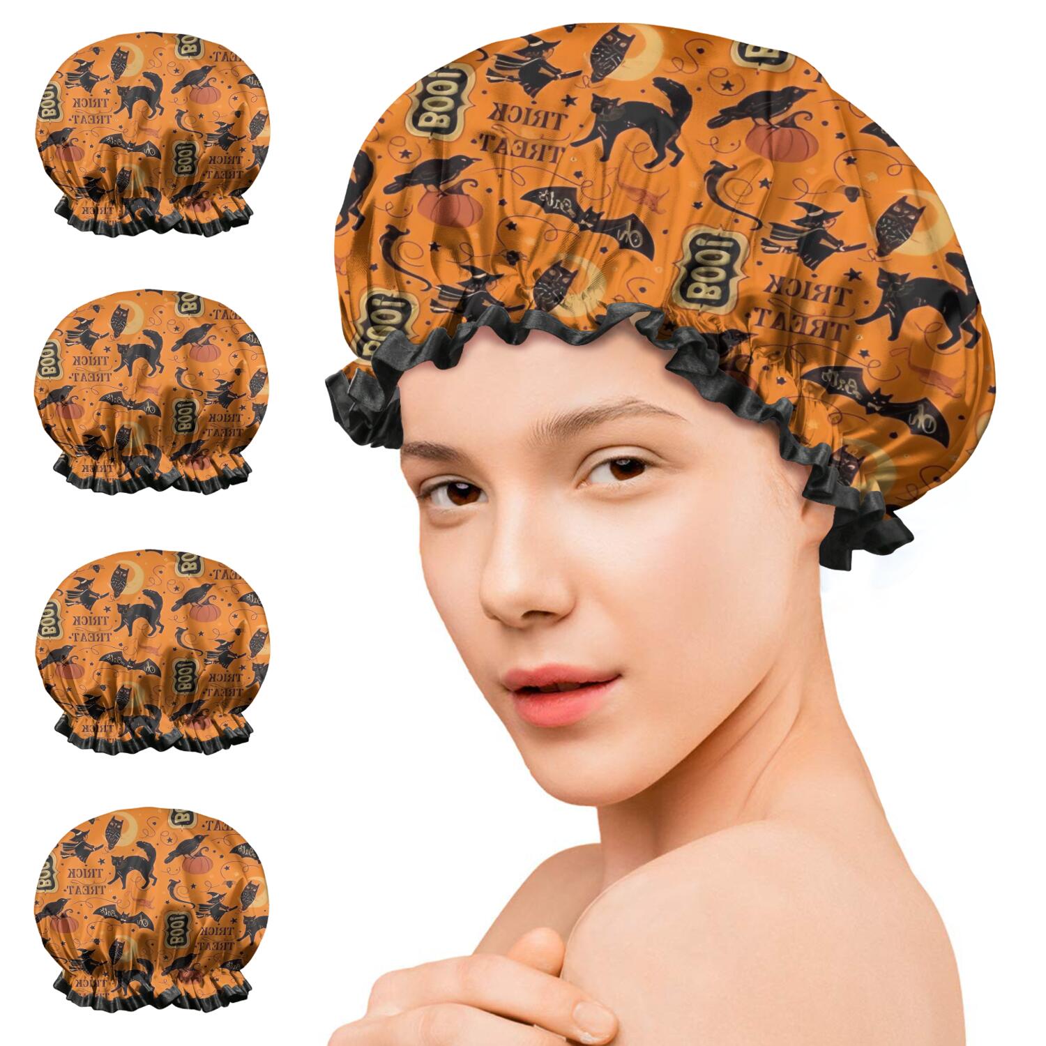 Shower Caps,Vintage Halloween Elements Pattern Waterproof Shower Cap for Women 4 Pieces,Double Reusable Hair Cover for Shower PEVA Elastic Stretch Hem