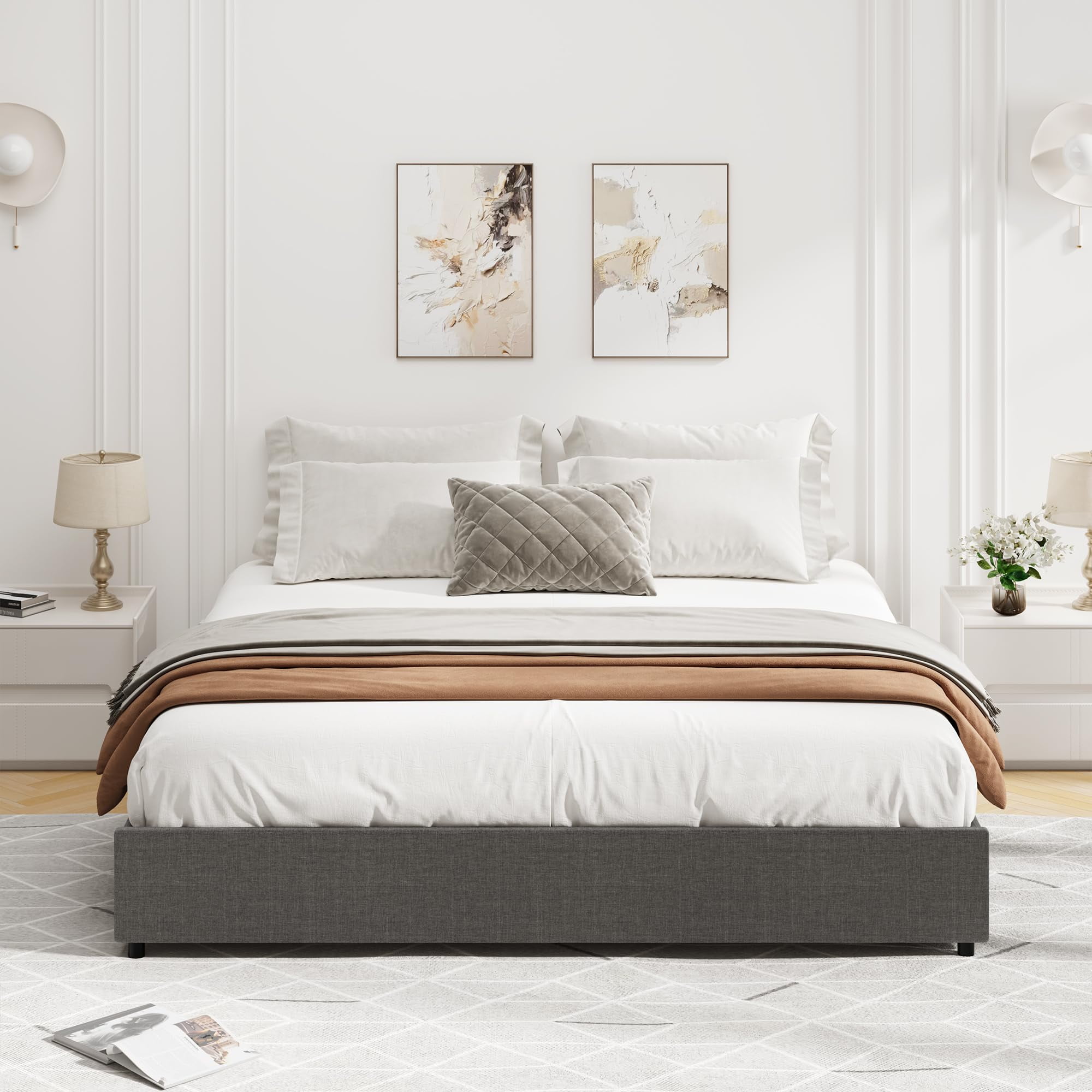 TROPOW Queen Bed Frame,Platform Bed Frame, Fabric Upholstered with 4 Storage Drawers, No Box Spring Needed, Wooden Slats Support, Noise Free, Easy Assembly, Dark Grey