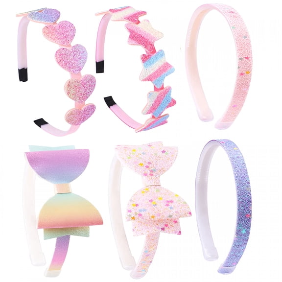 TUWAFE 6 Pack Glitter Headbands for Girls Kids Hair Accessories with Bow Heart Star Shapes Non Slip Toddler Teen Hairbands