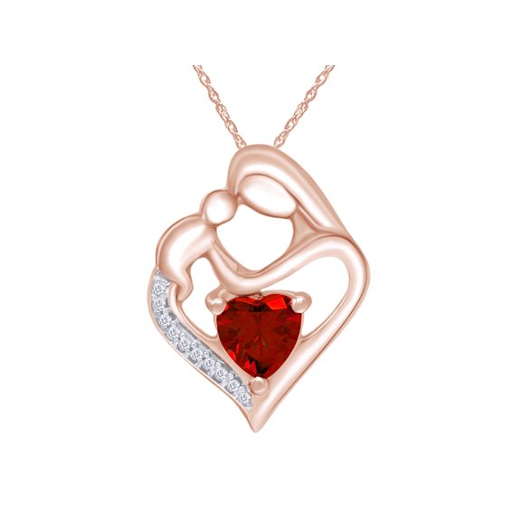 AFFY Simulated Garnet & White Natural Diamond Mother Heart Pendant in 14k Gold Over Sterling Silver (11/10 Cttw)