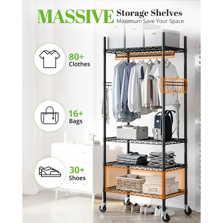 HOKEEPER 450lbs Metal Freestanding Closet Organizers and Storage Shelves for Clothes Hanging Rod Heavy Duty Clothing Garment Rack with Shelves