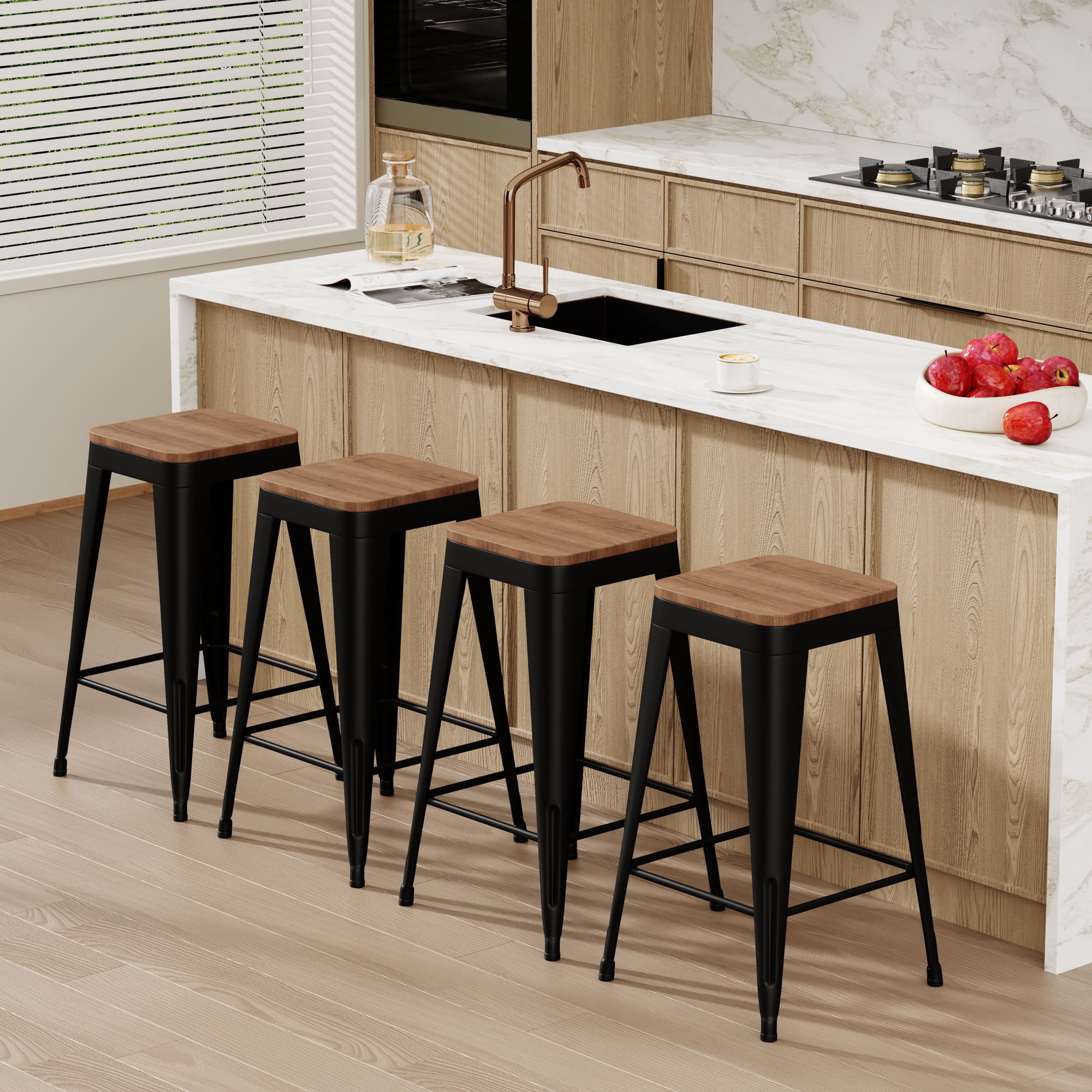 Apeaka Bar Stools Set of 4,Stackable Backless Bar stools Industrial Kitchen Patio Stool Bar Chairs with Wooden