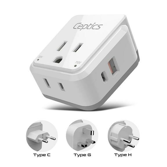 Israel, Jordan Power Plug Adapter Travel Ceptics, Safe Dual USB & USB-C 3.1A -2 USA Socket -Compact & Powerful - Use in Jerusalem, Palestine, UAE - Includes Type H, Type C, Type G Swadapt Attachments
