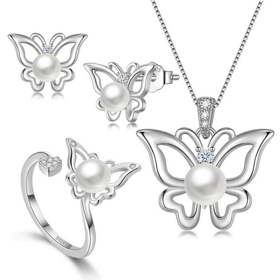 Fasjewly Natural Pearl Jewelry Set,925 Sterling Silver Butterfly Necklace/Earrings/Ring Set Birthday Anniversary Christmas Jewelry Gifts for Women / Wife / Lovers / Mom