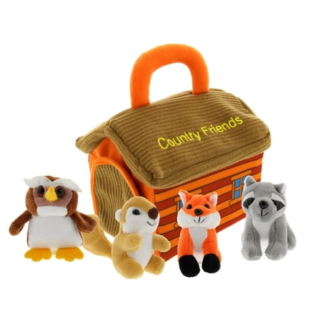 Plush Woodland Animals with Country House Carrier for Kids- 5pc- Talking Animal Interactive Toy Set- Stuffed Owl, Racoon, Fox & Squirrel