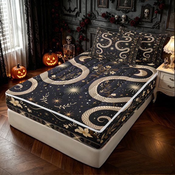 Feelyou Boho Snake Zipper Twin Comforter Sets with Fitted Sheet and 2 Pillowcases, Hippie Floral Moon Stars Zipper Bedding Set, Black Beige, Black Reversible, 4 Pieces