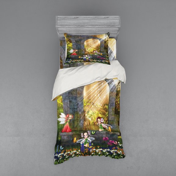 Ambesonne Nature Bedding Set 3 Pcs, Flowers Blossoms Scene, Twin, Charcoal Green Red