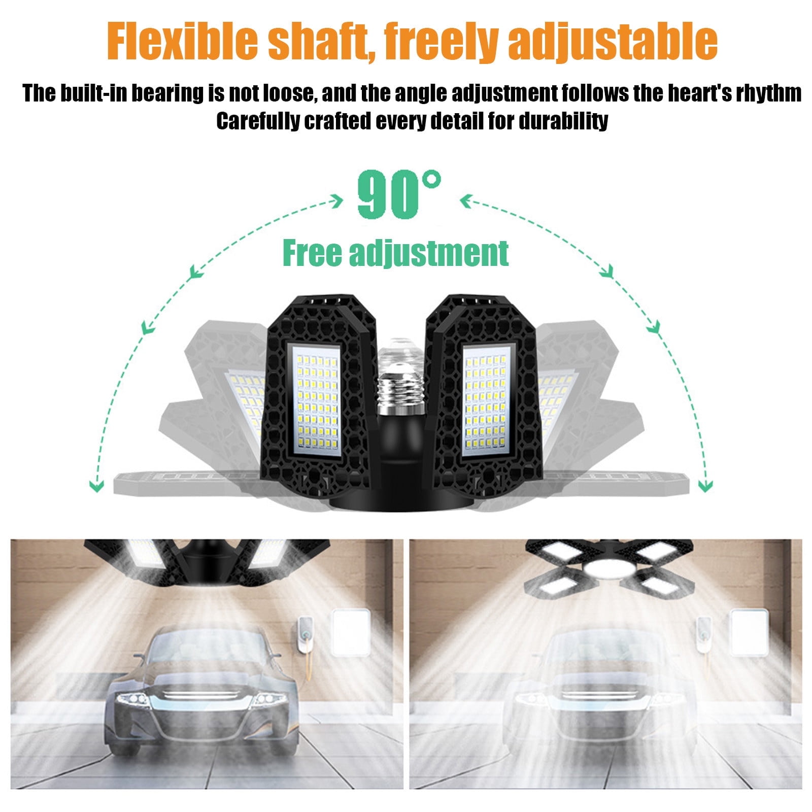 LED Garage Light With 6 Adjustable Panels for 360-Degree Coverage, 12000LM Super Bright E27 Screw-in Shop Light for Workshop Basement