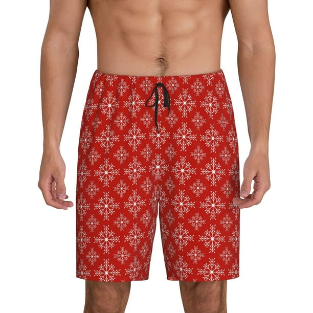 Balery Red White Snowflakes Pantalones cortos de pijama de punto de algodón para hombre con cinturilla y bolsillos-3X-Large