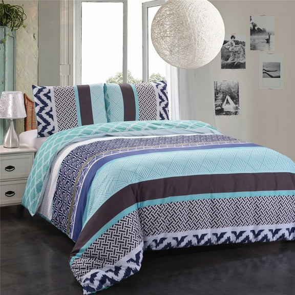 3-Piece Duvet Cover Set,Wrinkle Shrink Resistant,Printed Duvet Cover And Two Pillowcases-Skyblue &Mint, King