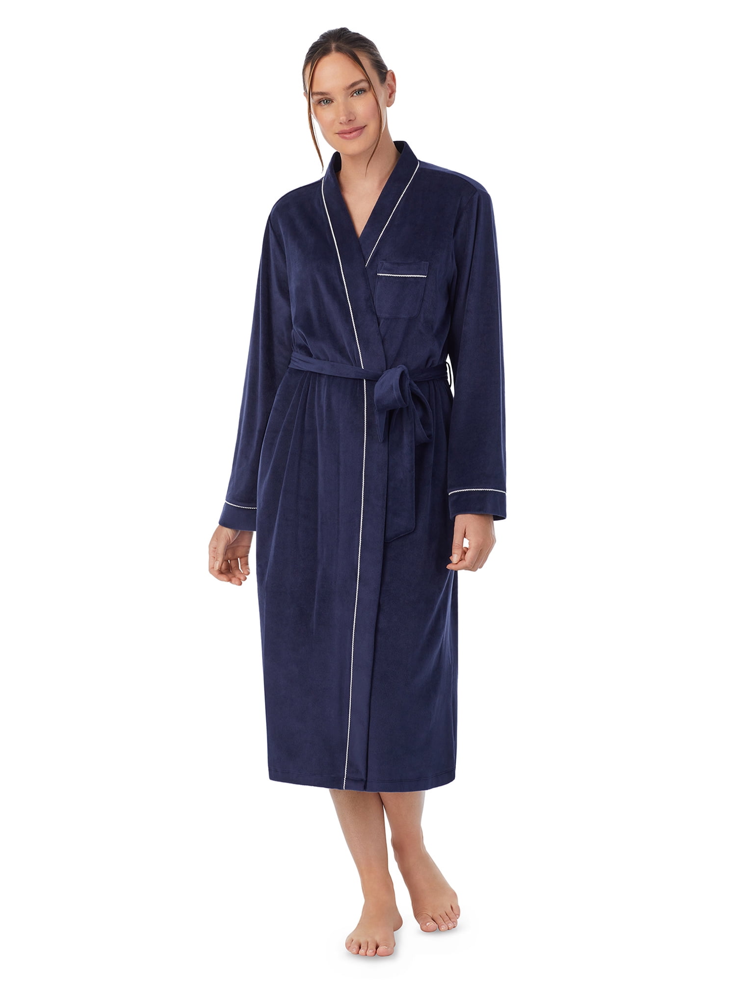 Aria Women's Stretch Velour Long Sleeve Wrap Sleepwear Robe with Pockets, Sizes XS-5X