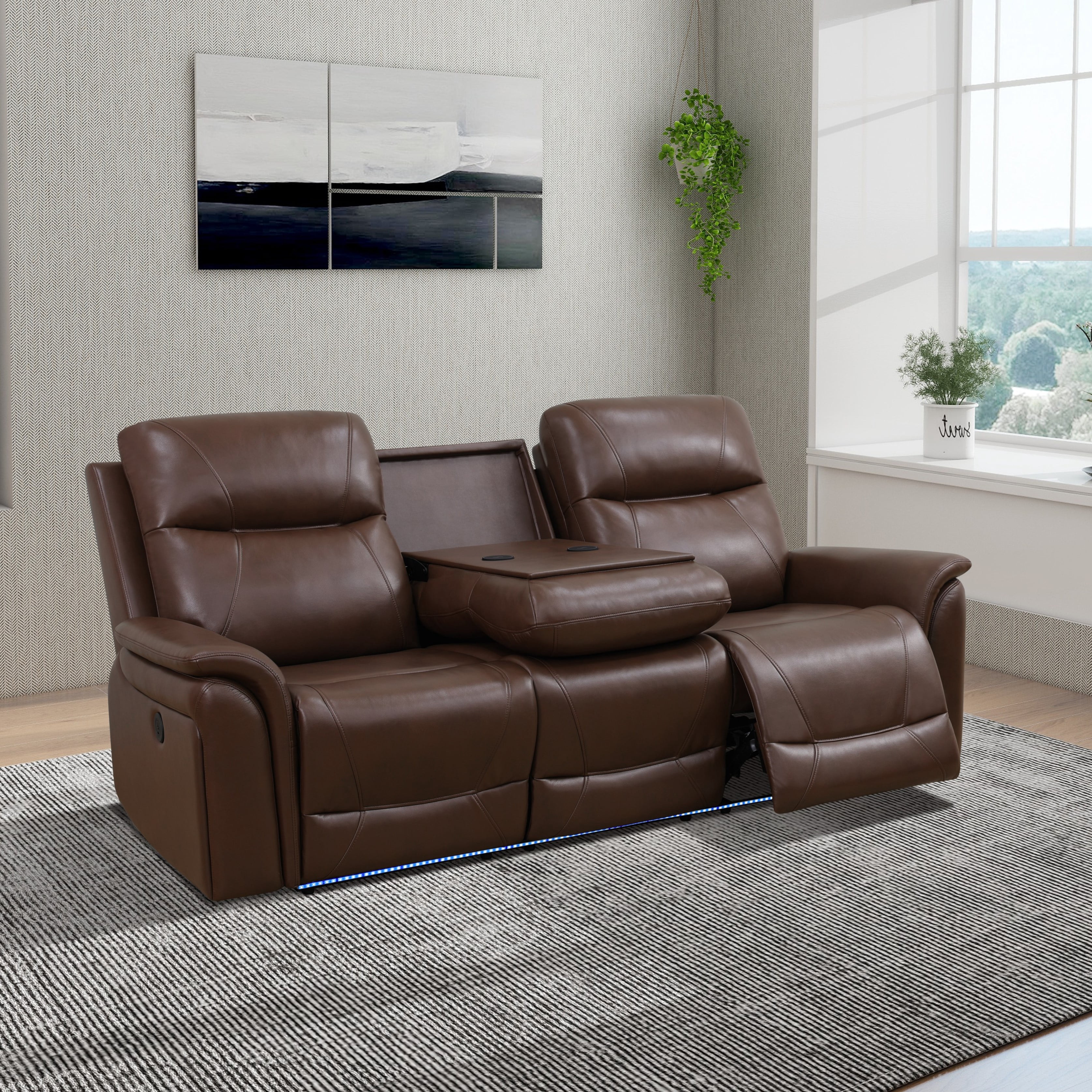 Gewnee Power Reclining Multifunctional Sofa with USB & Wireless Charging, Air Leather, Storage Console, Living Room,Dark Brown