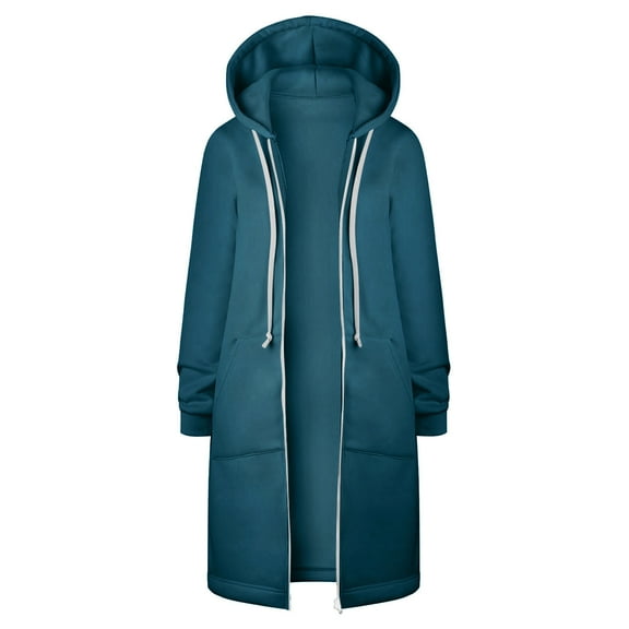 Hooded Jackets for Women Solid Color Thickening and Fleece Long Hoodies Casual Zip Up Long Sleeve Coats