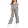 thumbnail image 2 of Zpanxa Girls V Neck Henley Short Sleeve Top Wide Leg Pants Set Casual Two Piece Outfit Toddler Gray 13 Years, 2 of 9
