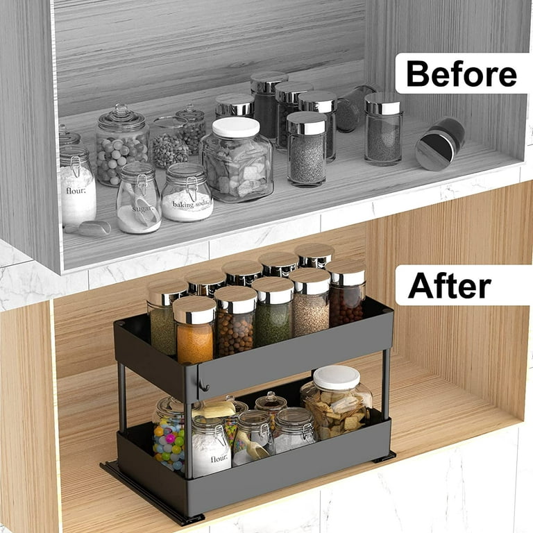 Pull Out Spice Rack Organizer for Cabinet, 2 Tier Slide Out Cabinet  Organizer 15 3/4L x 9 1/2W x 11H Black Sliding Spice Rack Upper Cabinet  for