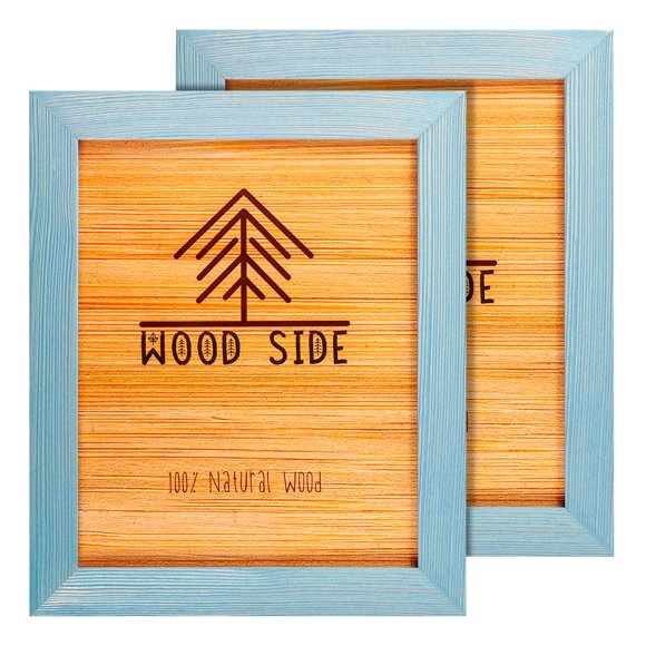 Rustic Wooden Picture Frames 6x8" - Set of 2, 100% Natural Eco Solid Wood with Real Glass for Tabletop Display or Wall Mount Photo Frame - Blue