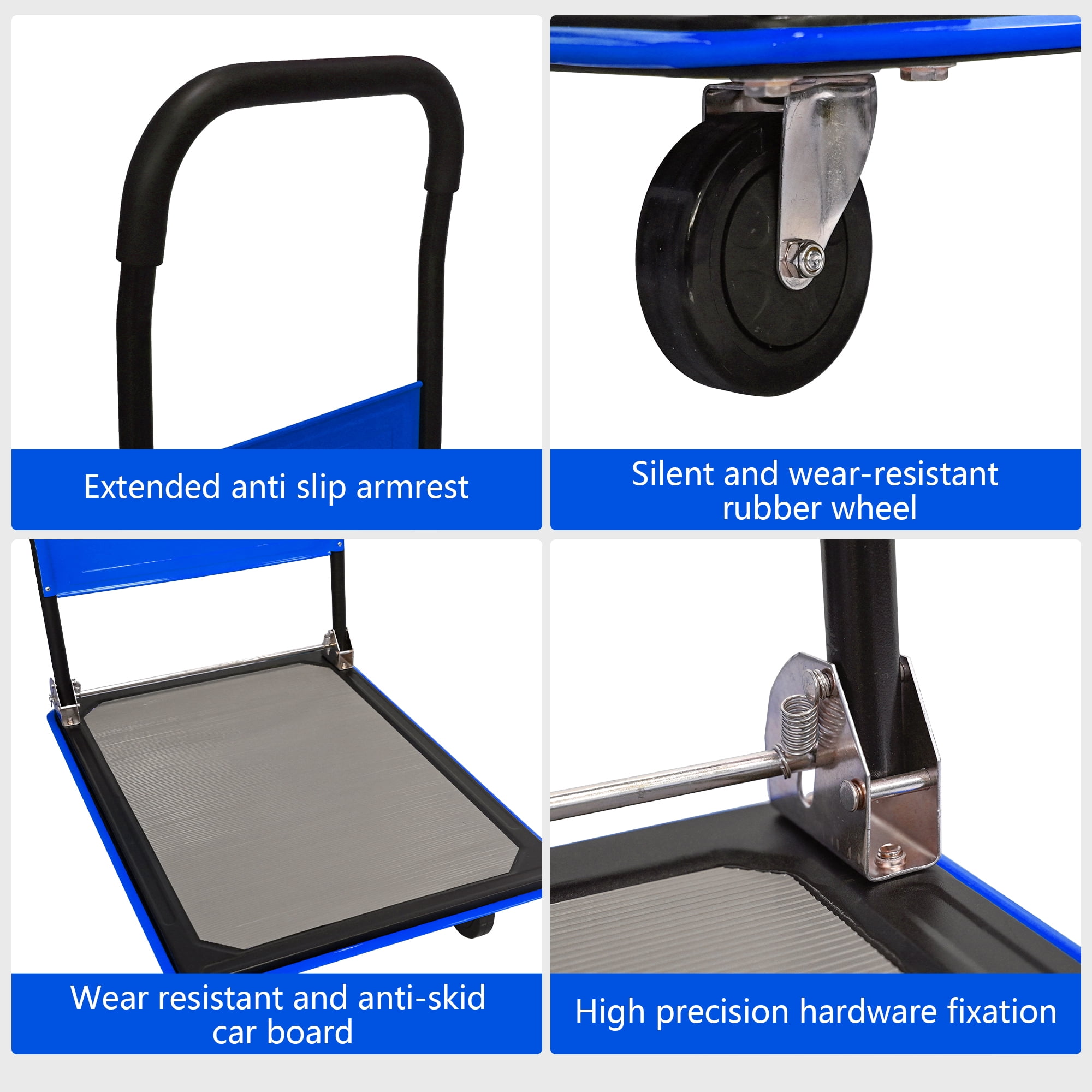 Flatbed Cart, 330lbs Heavy Duty Capacity Platform Hand Truck 360 Degree Swivel Wheels Foldable Push Hand Cart for Loading and Storage, Warehouse-Blue