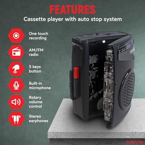 Craig Stereo Cassette Player/Recorder with Earphones: Portable AM/FM Radio & One-Touch Recording System