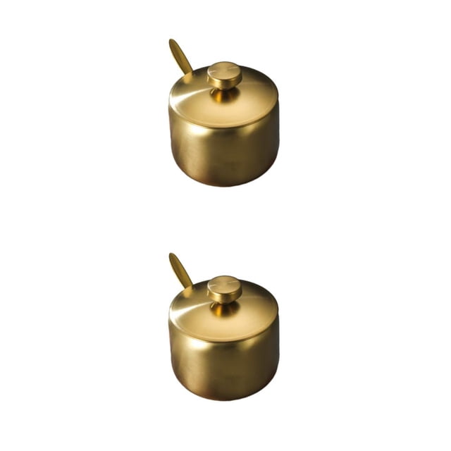 Matsuzay Tazón de azúcar de acero inoxidable Tarro de especias de café Contenedor de sal y pimienta Organizador Condimento con tapa y cuchara Oro Tipo 2 S 2piezas